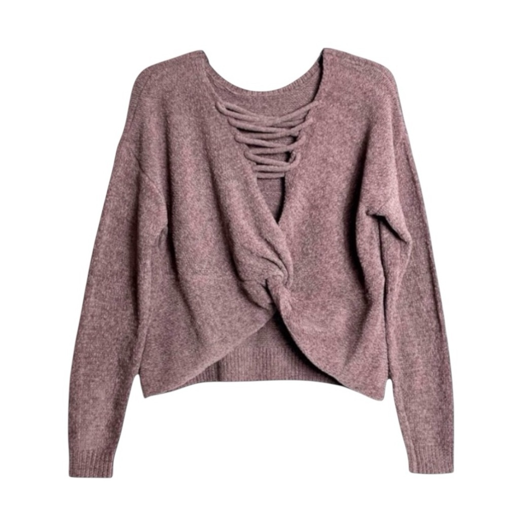 Sugar Moon Twist Front Sweater Winter Plum Cropped Knit Size L NWT